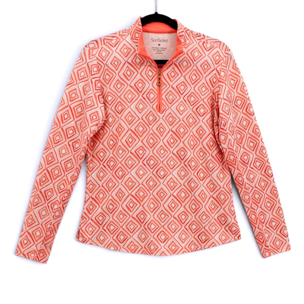 SanSoleil SolCool Orange Geometric Diamond UPF 50 Quarter Zip Pullover Top M